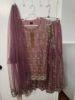 Mauve Embroidered South Asian Formal Dress with Gold Accents